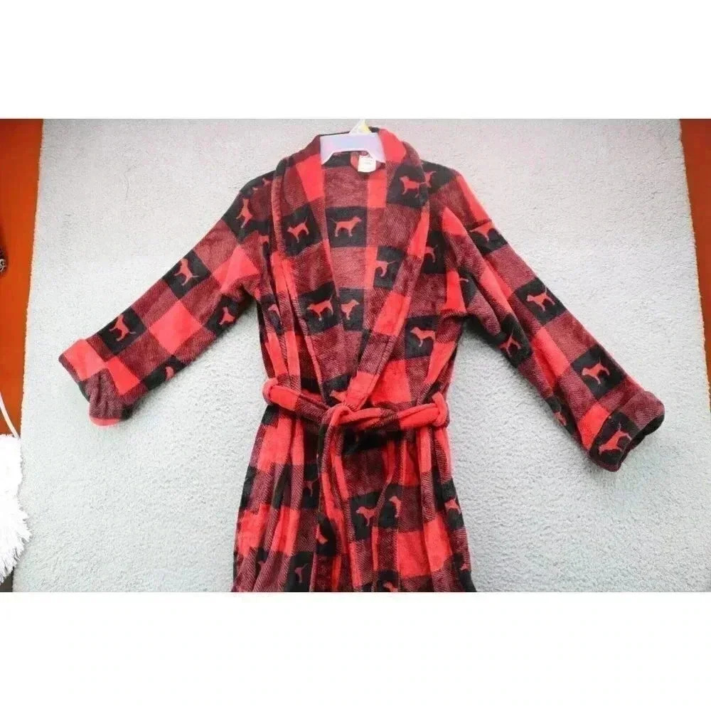 Women's Pink-Victoria's Secret Robe-Plush Velour-Red & Black-S/SP-Puppies